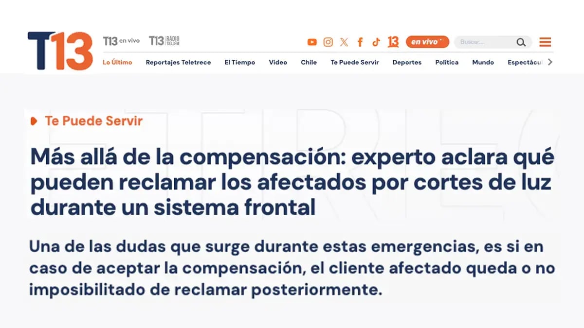 Titular de T13: qué pueden reclamar los afectados por cortes de luz durante un sistema frontal